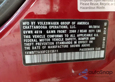 2015 Volkswagen Passat Se from USA, damaged, VIN 1VWBT7A33FC013511